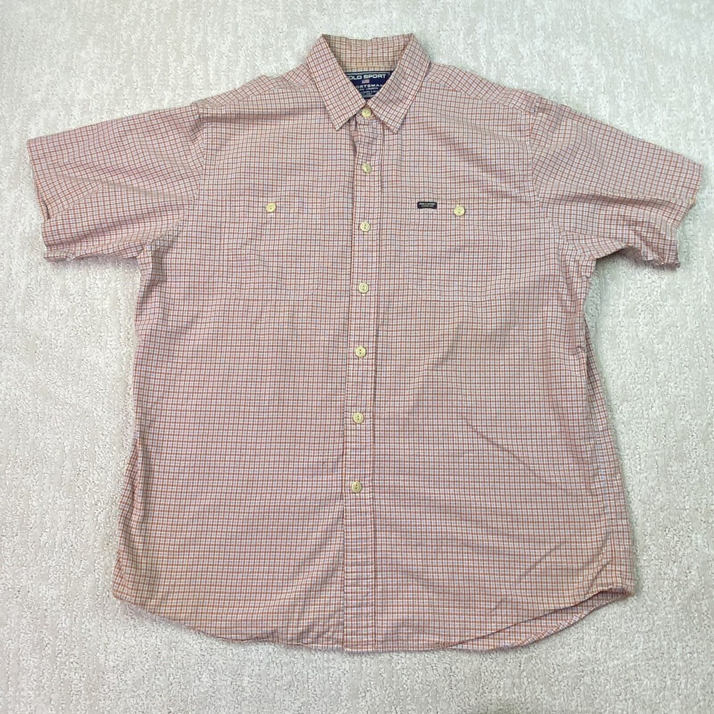 polo sport ralph lauren button up shirt adult large orange check short sleeve*